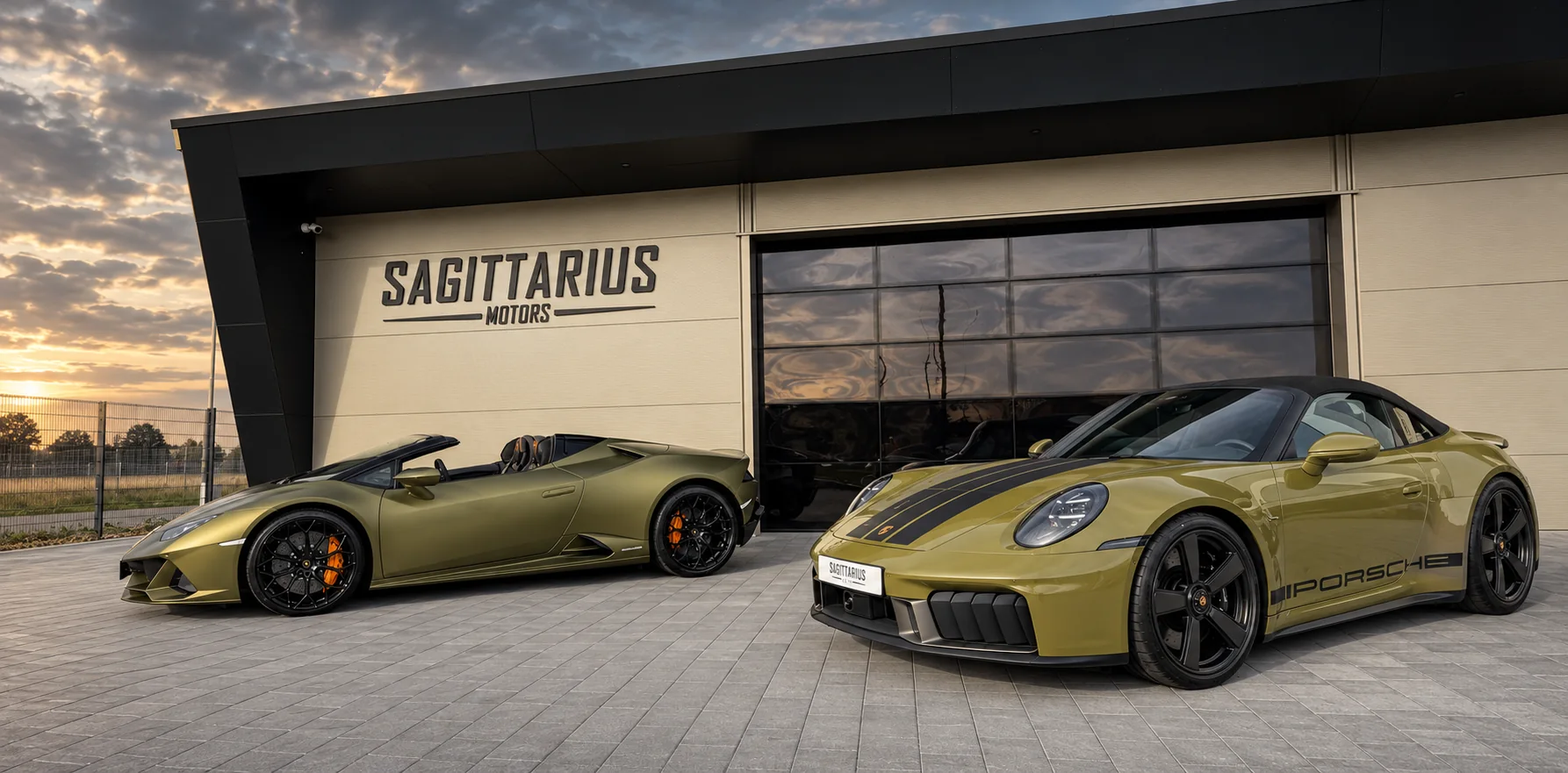 Lamborghini Huracán EVO Spyder und Porsche 911 vor Sagittarius Motors