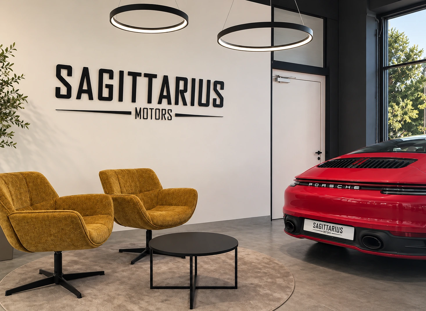 Kundenlounge von Sagittarius Motors mit Porsche 911