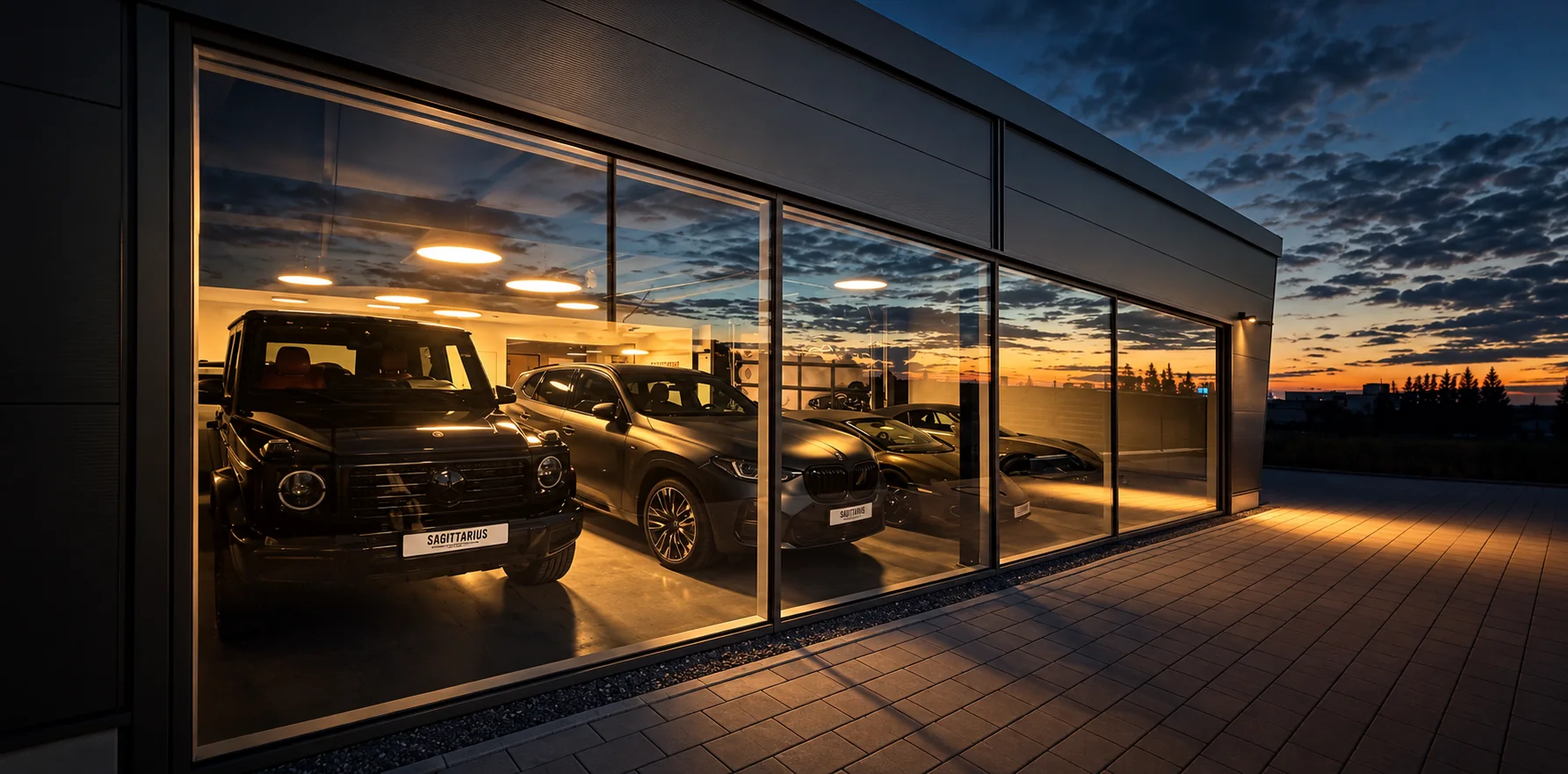 Beleuchteter Showroom von Sagittarius Motors zur blauen Stunde